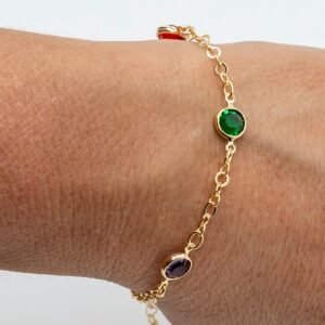 Pulseira Elo Pequeno com Zircônia Colorida Banhada em Ouro 18K