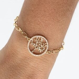 Pulseira Círculo e Árvore com Zircônia Cristal e Fecho de Bóia Banhada em Ouro 18K