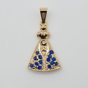Pingente Santa Cravejada com Zircônia Azul Redonda Banhado em Ouro 18K