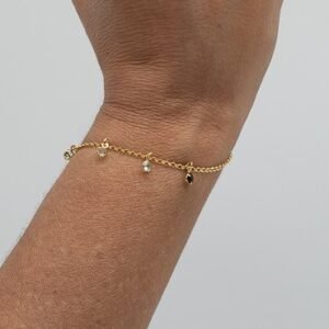 Pulseira Zircônias Penduradas Preta e Cristal Banhada em Ouro 18K