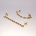 Brinco Zircônias Cristal Longo Duplo Banhado em Ouro 18K