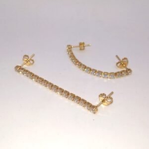 Brinco Zircônias Cristal Longo Duplo Banhado em Ouro 18K