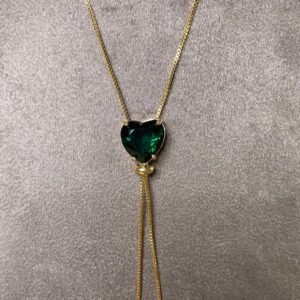 Colar Gravata Zircônia Verde em Formato de Coração Banhado em Ouro 18K