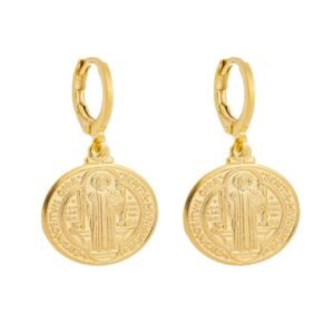 Brinco Mini Argola Pingente Redondo São Bento Banhado em Ouro 18K