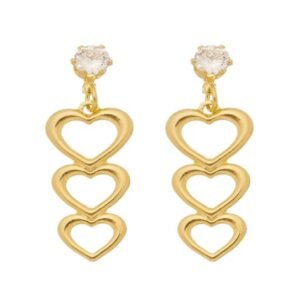 Brinco 3 Corações e Zircônia Cristal Banhado em Ouro 18K
