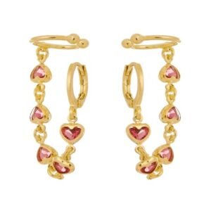 Ear Cuff Corações Rosas Banhado em Ouro 18K