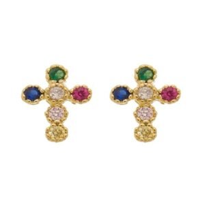 Brinco Cruz Zircônias Coloridas Banhado em Ouro 18K