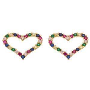 Brinco Coração Vazado com Zircônias Coloridas Banhado em Ouro 18K