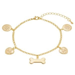 Pulseira Pet com Pingente de Patas e Osso Banhada em Ouro 18K