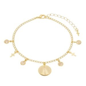 Pulseira Nossa Senhora com Cruz e Zircônias Cristal Banhada em Ouro 18K