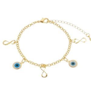 Pulseira com Pingentes de Olhos Gregos e Infinito Banhada em Ouro 18K