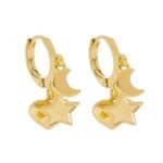 Brinco Mini Argola Coração, Estrela e Lua Banhado em Ouro 18K