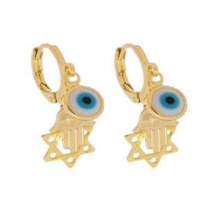 Brinco Mini Argola com Olho Grego, Mão de Fátima e Estrela de Davi Banhado em Ouro 18K