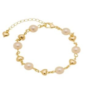 Pulseira de Pérolas Intercaladas com Corações, Banhada em Ouro 18K
