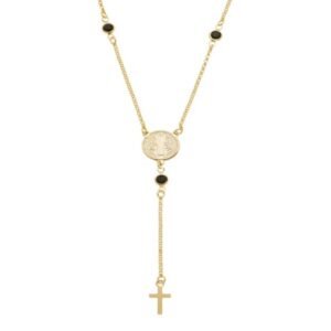 Colar São Bento com Cruz e Zircônias Pretas Banhado em Ouro 18K