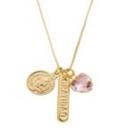Colar Gratidão com São Bento e Coração Zircônia Rosa Banhado em Ouro 18K