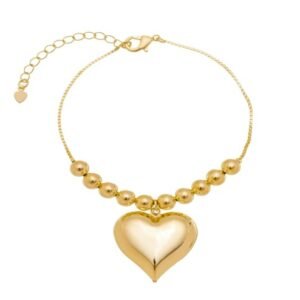 Pulseira com Bolas e Pingente de Coração Liso Banhado em Ouro 18K