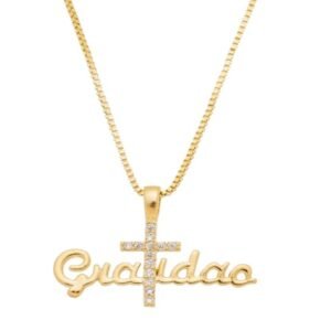 Colar Gratidão com Cruz Cravejada Banhado em Ouro 18K
