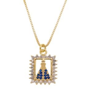 Colar Pingente Santa com Zircônias Azul e Cristal Banhado em Ouro 18K