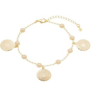 Pulseira de Pérolas Intercaladas com Pingentes de Pai Nosso Banhada em Ouro 18K